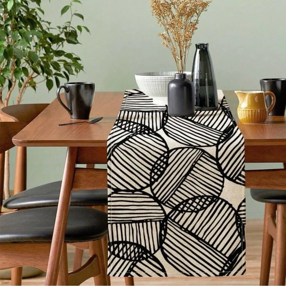 Modern Geometric Black and White Table Runner